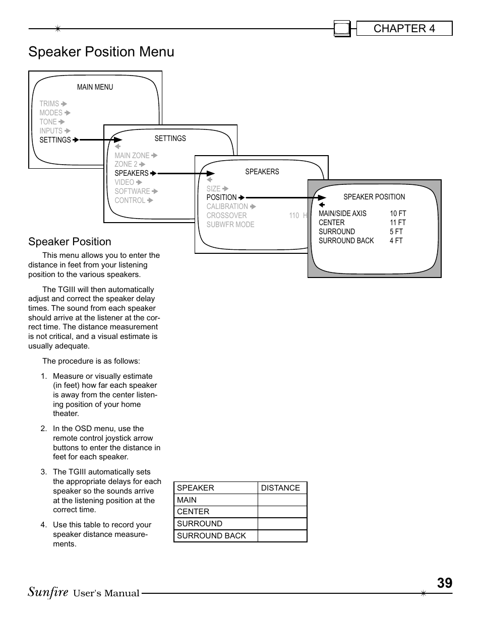 Speaker position menu, Chapter 4, Speaker position | Sunfire III User Manual | Page 39 / 60