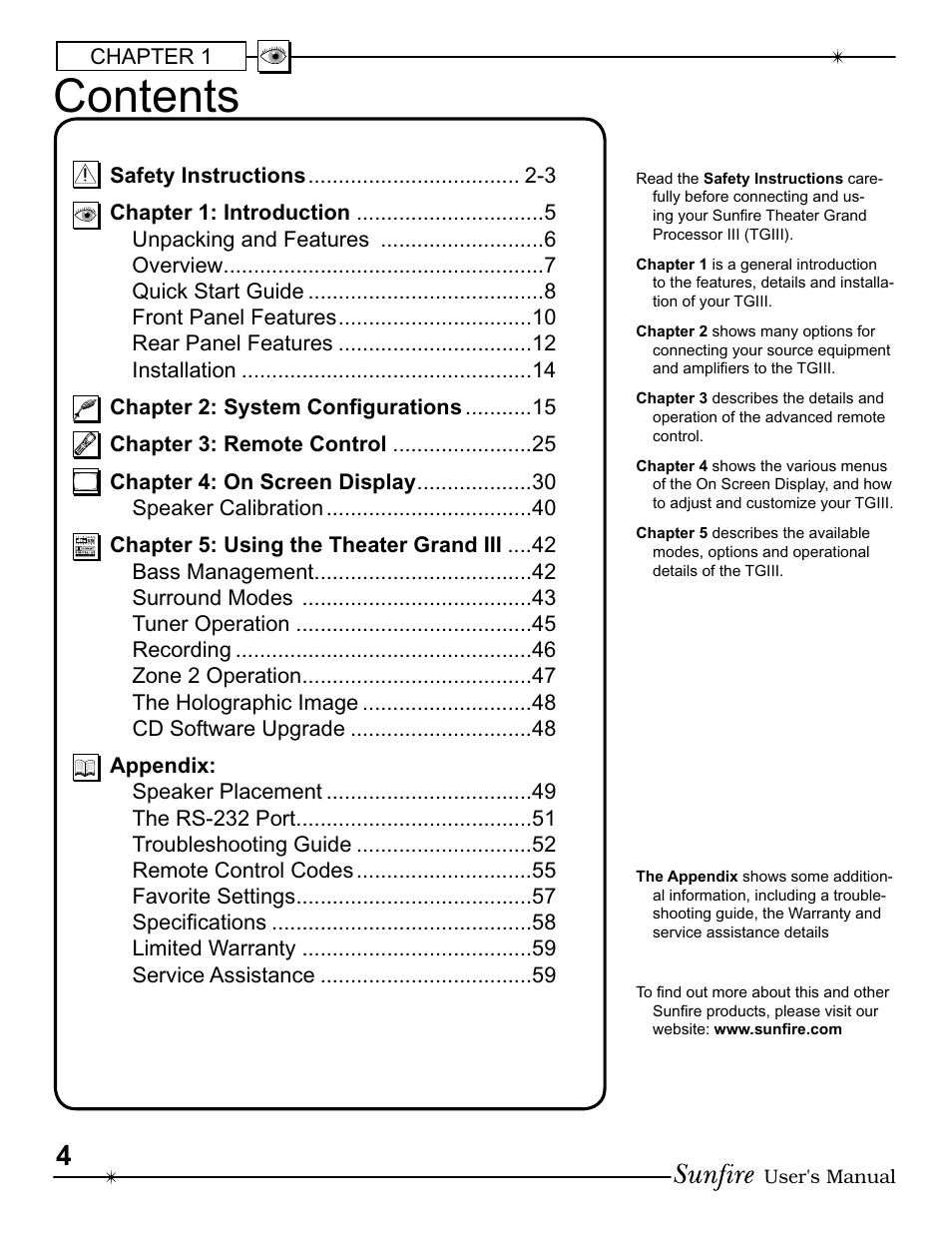 Sunfire III User Manual | Page 4 / 60