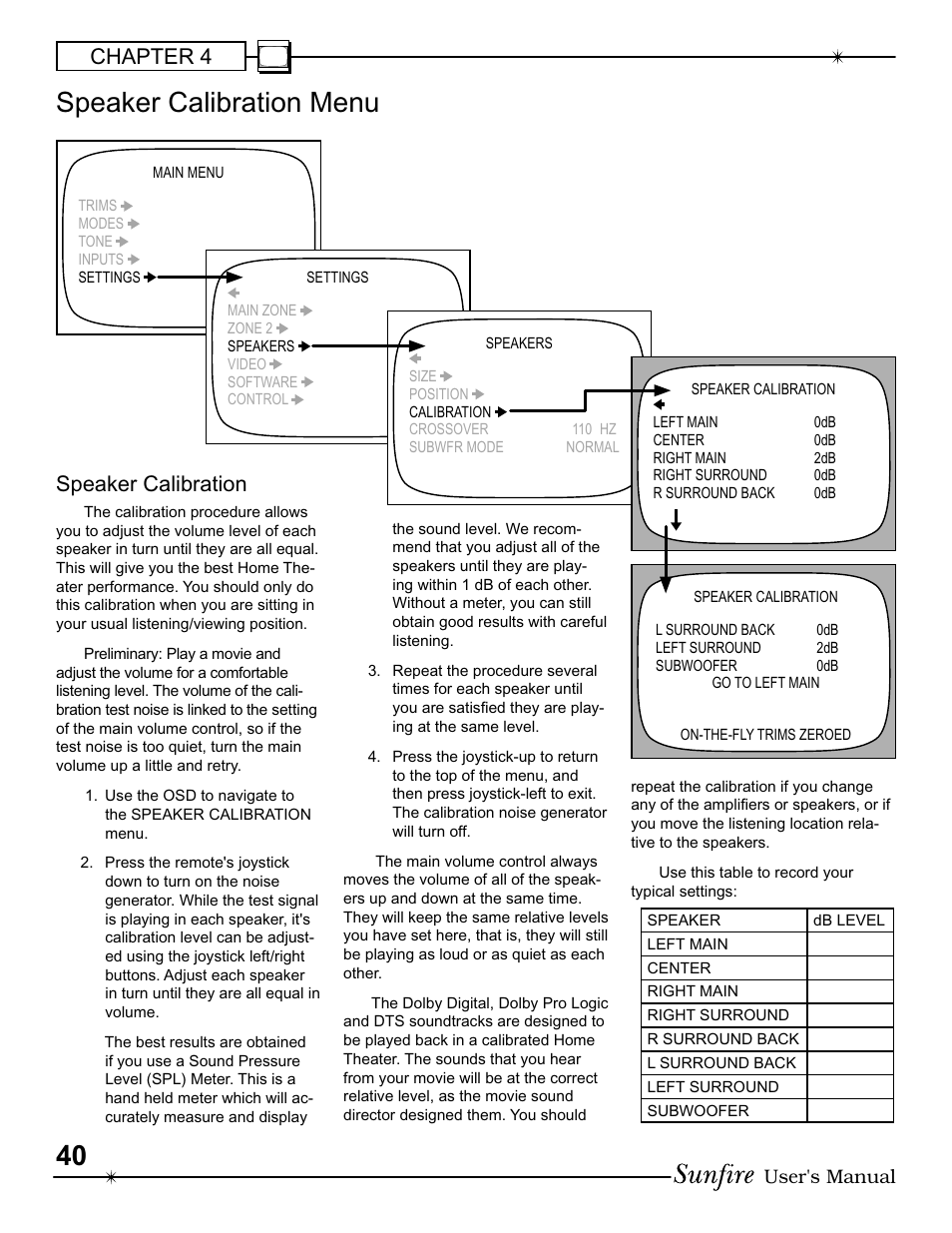 Speaker calibration menu, Chapter 4, Speaker calibration | User's manual | Sunfire III User Manual | Page 40 / 60