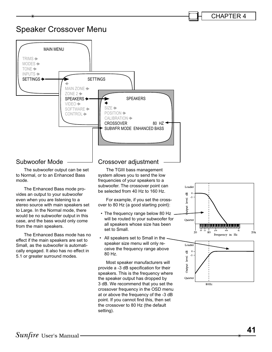 Speaker crossover menu, Chapter 4, Crossover adjustment | Subwoofer mode | Sunfire III User Manual | Page 41 / 60