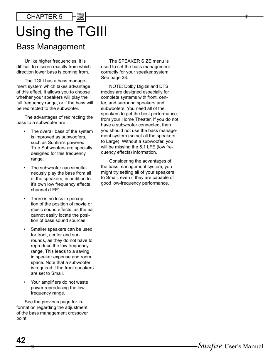 Using the tgiii, Bass management, Chapter 5 | Sunfire III User Manual | Page 42 / 60