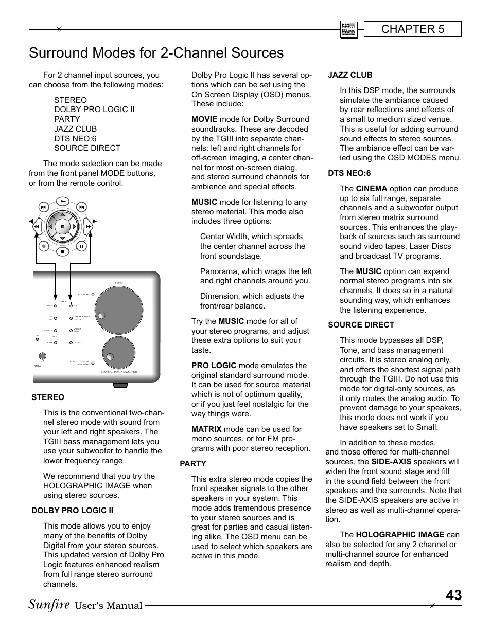 Surround modes for 2-channel sources, Chapter 5, User's manual | Sunfire III User Manual | Page 43 / 60