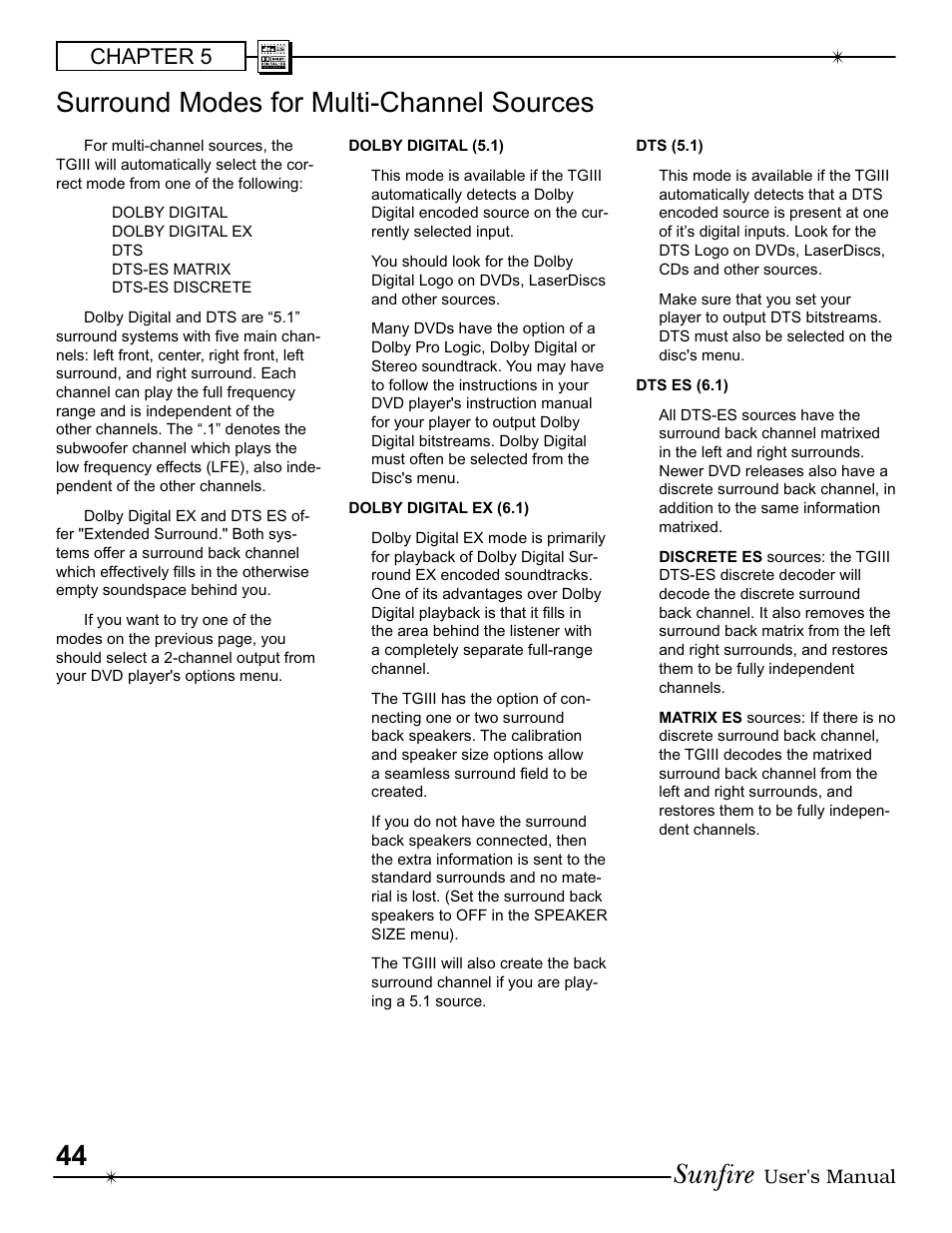 Surround modes for multi-channel sources, Chapter 5 | Sunfire III User Manual | Page 44 / 60