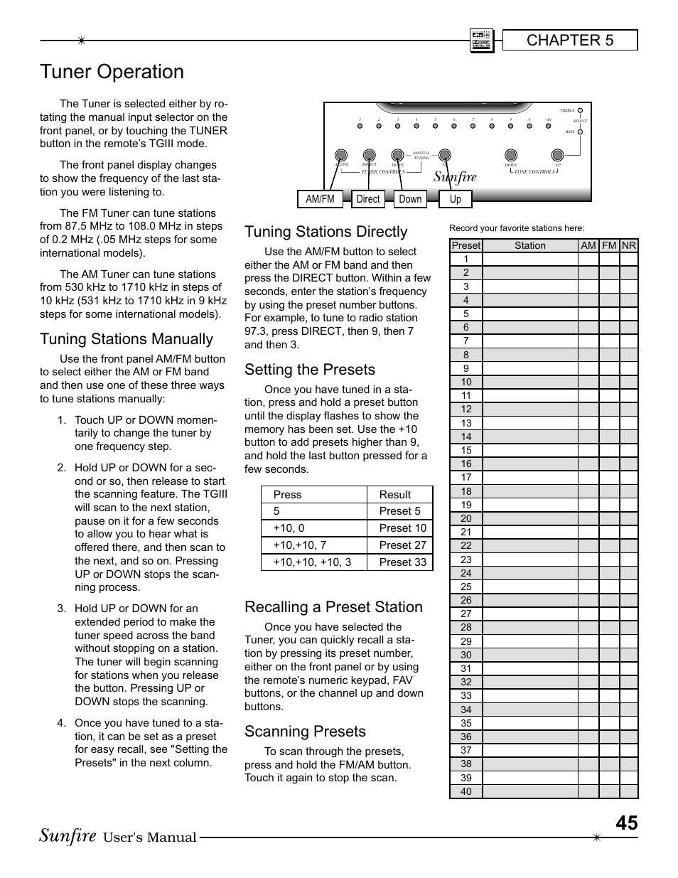 Tuner operation, Chapter 5, Tuning stations manually | Tuning stations directly, Setting the presets, Recalling a preset station, Scanning presets, Sunfire, User's manual | Sunfire III User Manual | Page 45 / 60