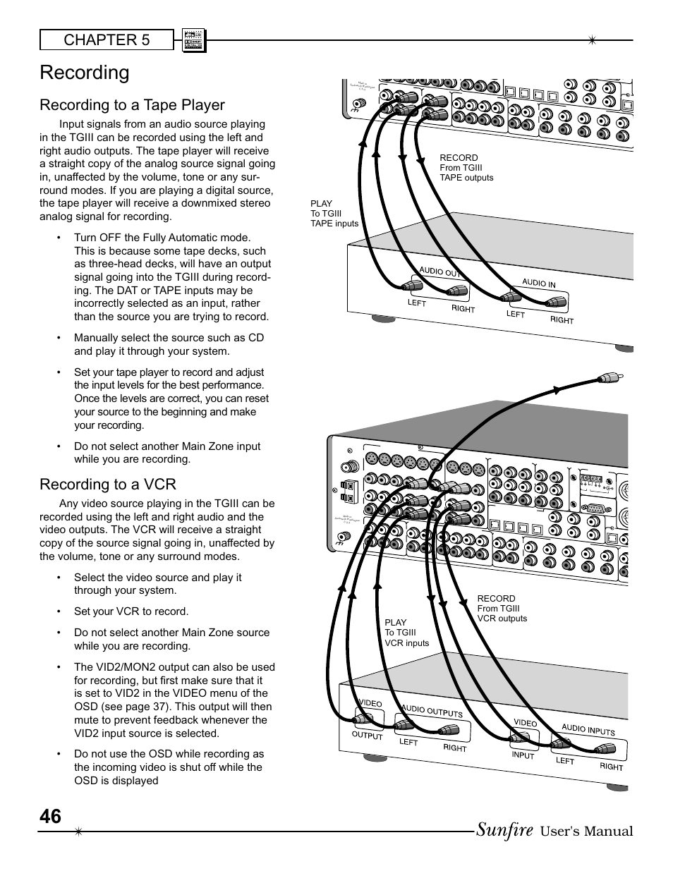 Recording, Chapter 5, Recording to a tape player | Recording to a vcr, User's manual | Sunfire III User Manual | Page 46 / 60