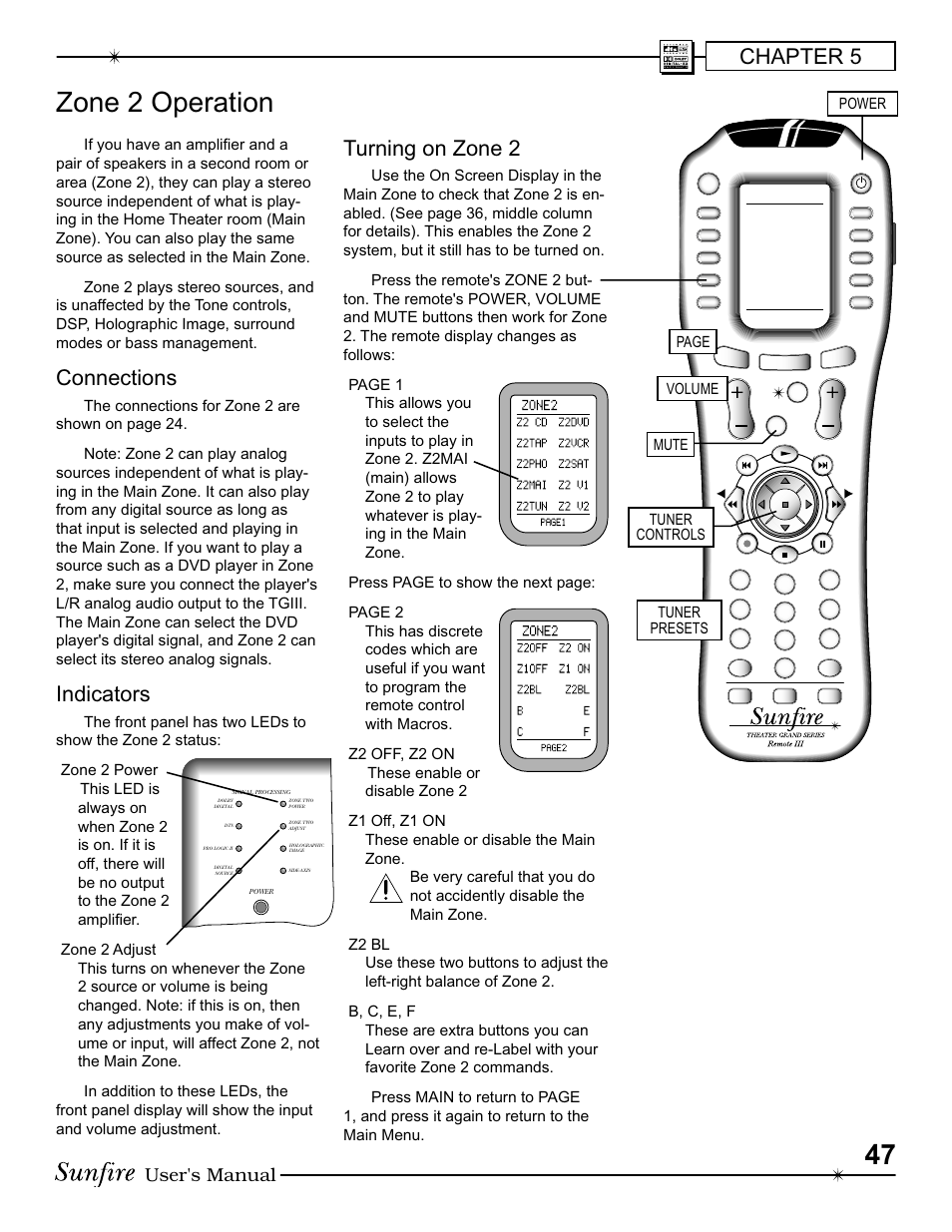 Zone 2 operation, Chapter 5, Connections | Indicators, Turning on zone 2, User's manual, Main | Sunfire III User Manual | Page 47 / 60