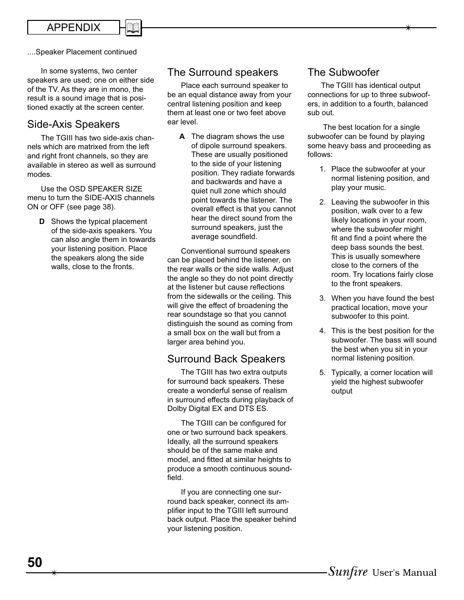 Appendix, Side-axis speakers, The surround speak ers | Surround back speakers, The subwoofer | Sunfire III User Manual | Page 50 / 60