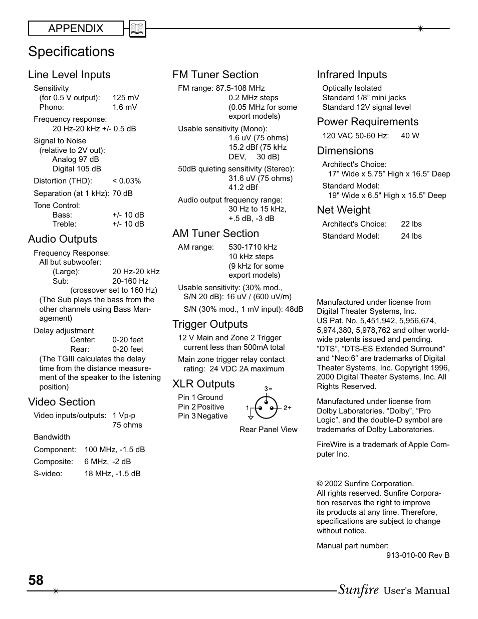 Speciﬁ cations, Appendix, Line level inputs | Audio outputs, Trigger outputs, Xlr outputs, Infrared inputs, Power requirements, Dimensions, Net weight | Sunfire III User Manual | Page 58 / 60