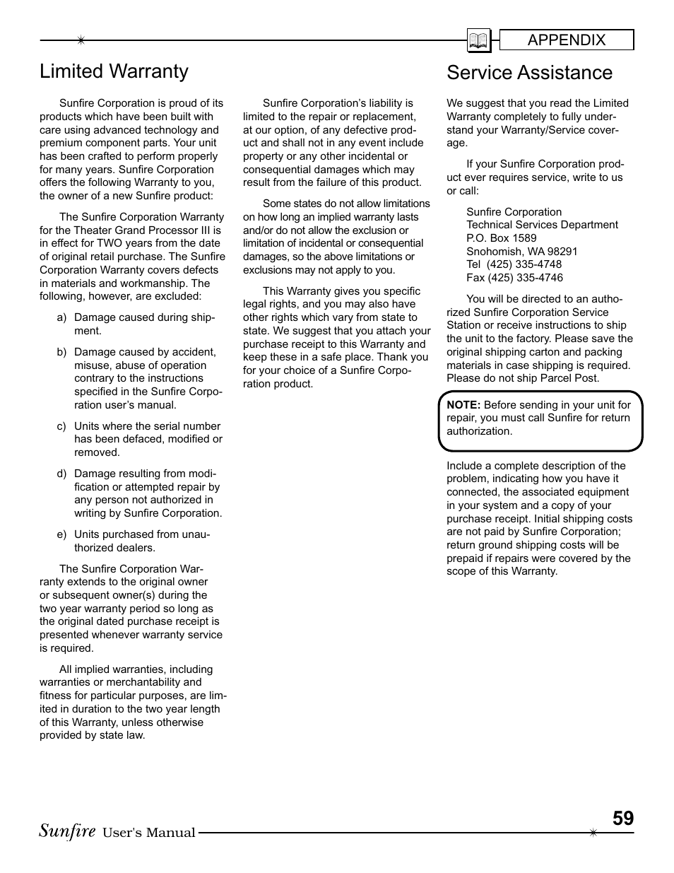 Limited warranty, Service assistance, Appendix | Sunfire III User Manual | Page 59 / 60