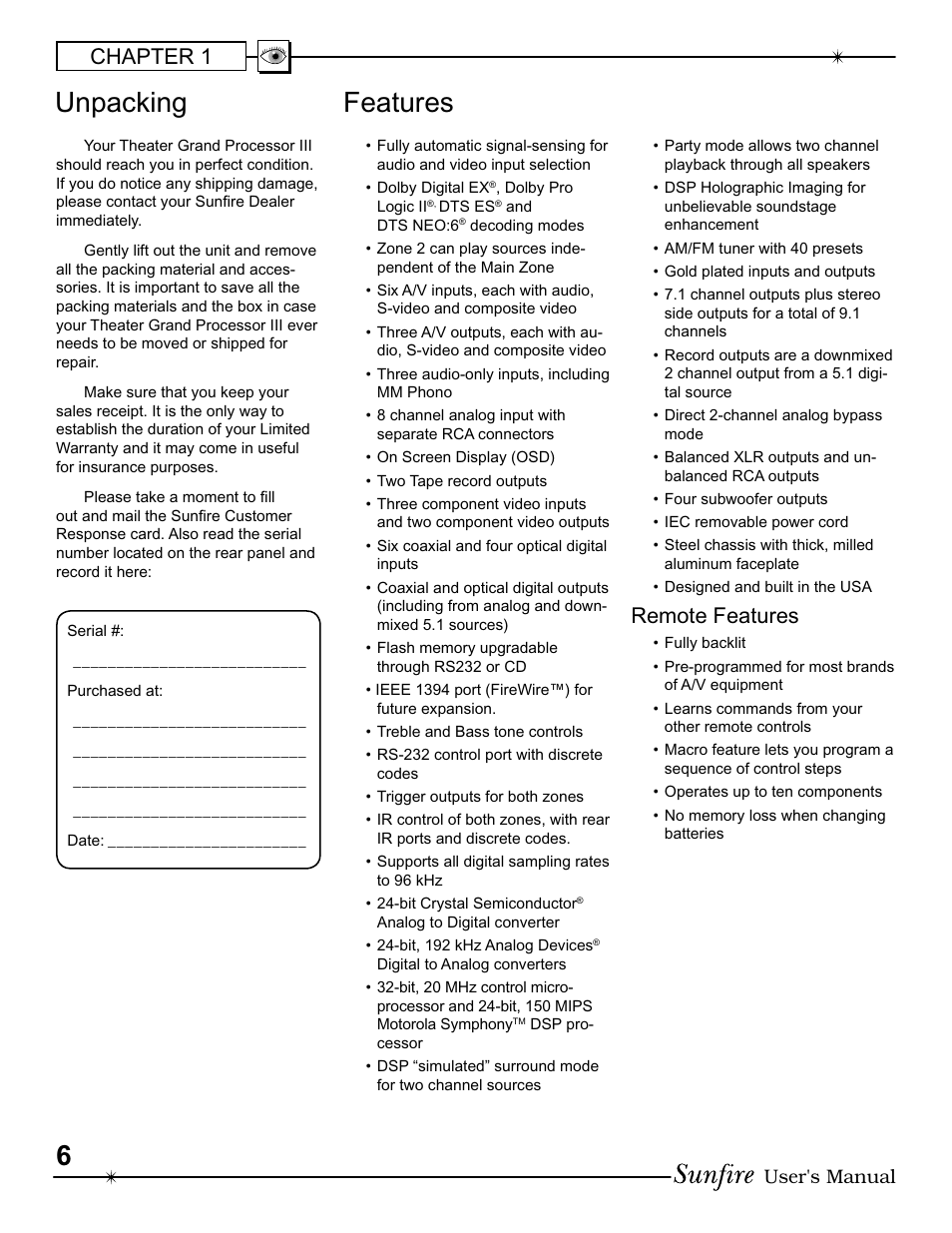 Unpacking features, Chapter 1, Remote features | User's manual | Sunfire III User Manual | Page 6 / 60