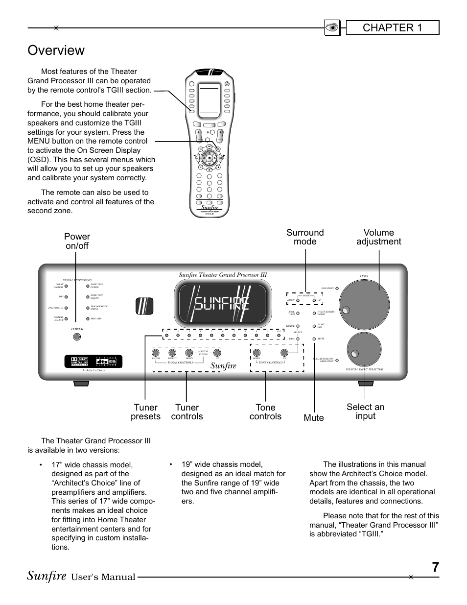 Overview, Chapter 1, User's manual | Sunfire, Surround mode select an input power on/off, Sunfire theater grand processor iii | Sunfire III User Manual | Page 7 / 60