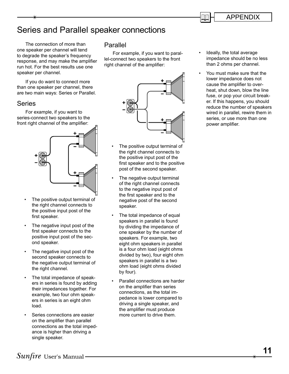 Series and parallel speaker con nec tions, Appendix, Series | Parallel | Sunfire 913-047-00 User Manual | Page 11 / 16