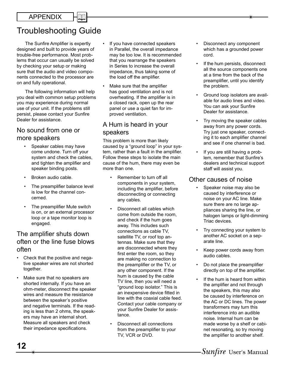 Troubleshooting guide, Appendix, No sound from one or more speakers | A hum is heard in your speak ers, Other causes of noise | Sunfire 913-047-00 User Manual | Page 12 / 16