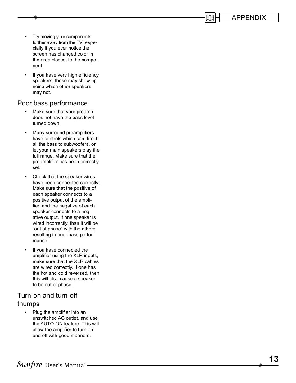 Appendix, Poor bass performance, Turn-on and turn-off thumps | Sunfire 913-047-00 User Manual | Page 13 / 16