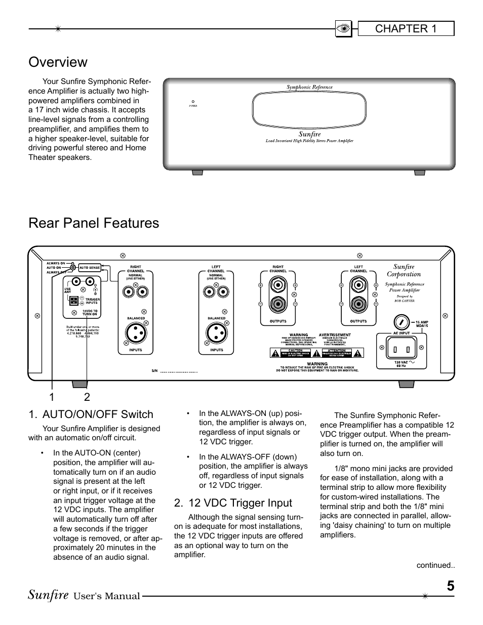 Overview, Rear panel features | Sunfire 913-047-00 User Manual | Page 5 / 16