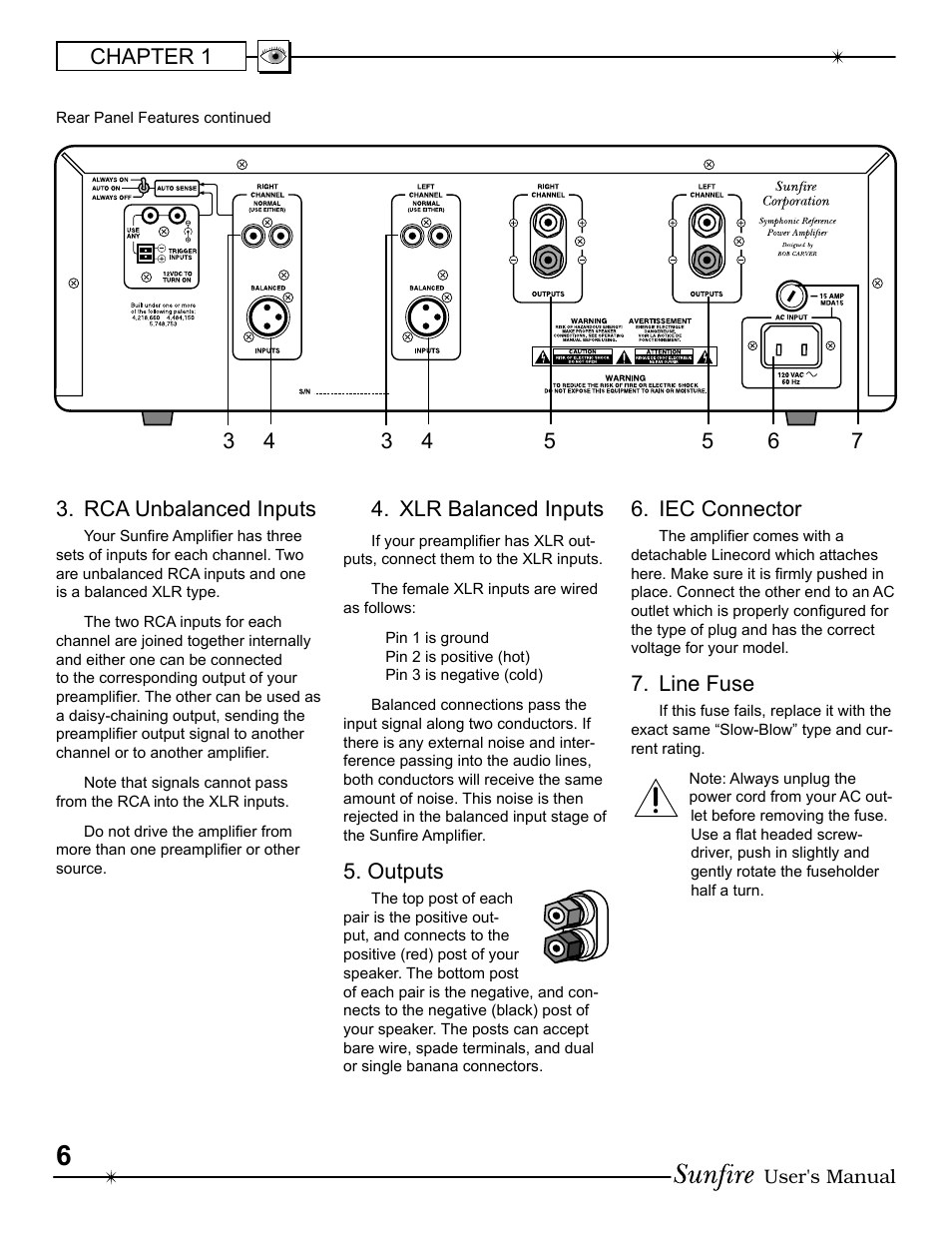 Chapter 1 3. rca unbalanced inputs, Xlr balanced inputs, Outputs | Iec connector, Line fuse | Sunfire 913-047-00 User Manual | Page 6 / 16