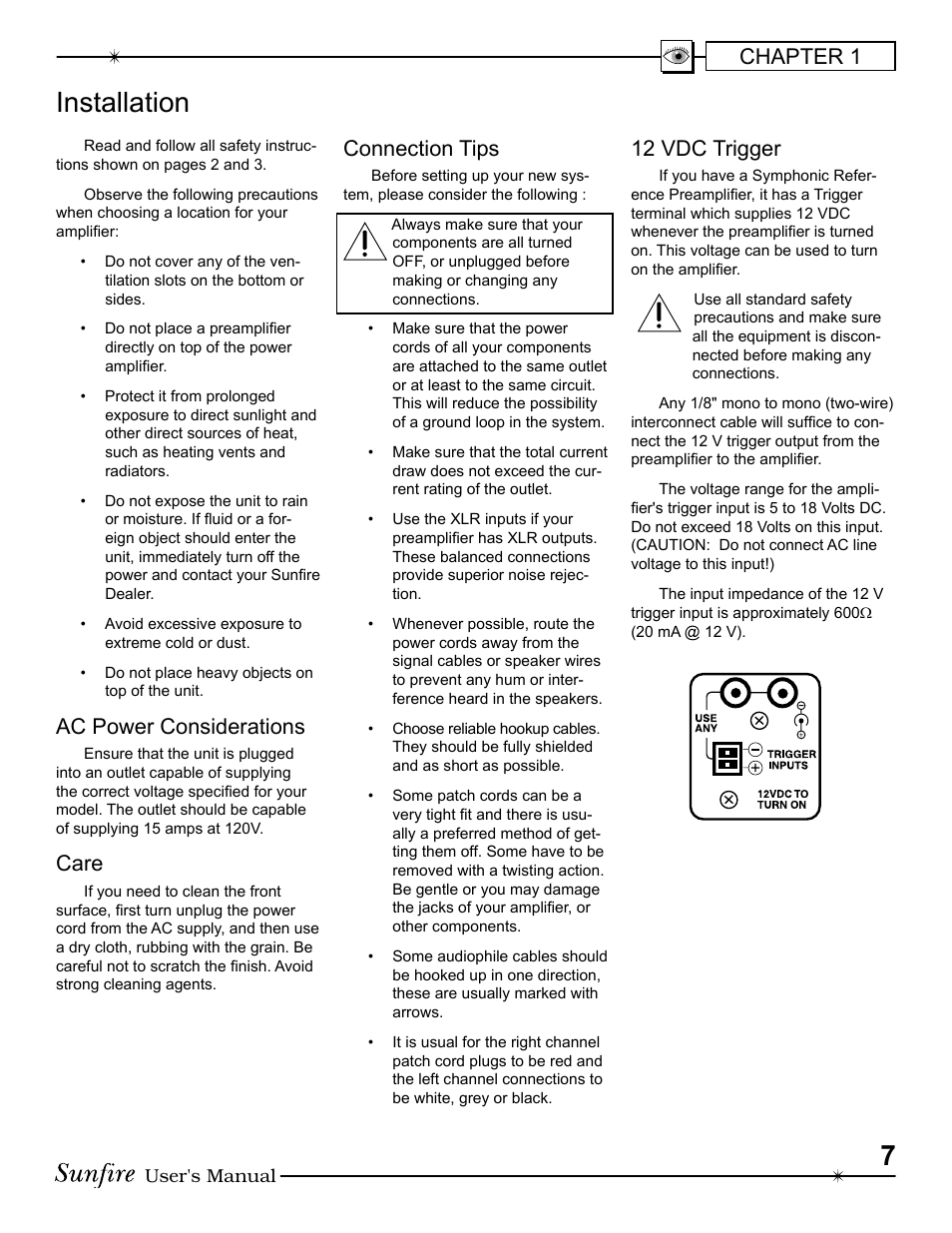 Installation, Chapter 1, Ac power con sid er ations | Care, Connection tips, 12 vdc trigger | Sunfire 913-047-00 User Manual | Page 7 / 16