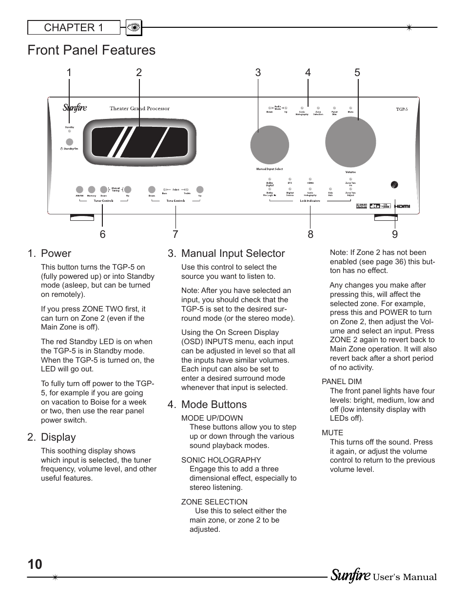 Front panel features, Chapter 1, Power | Display, Manual input selector, Mode buttons | Sunfire TGP-5 User Manual | Page 10 / 60