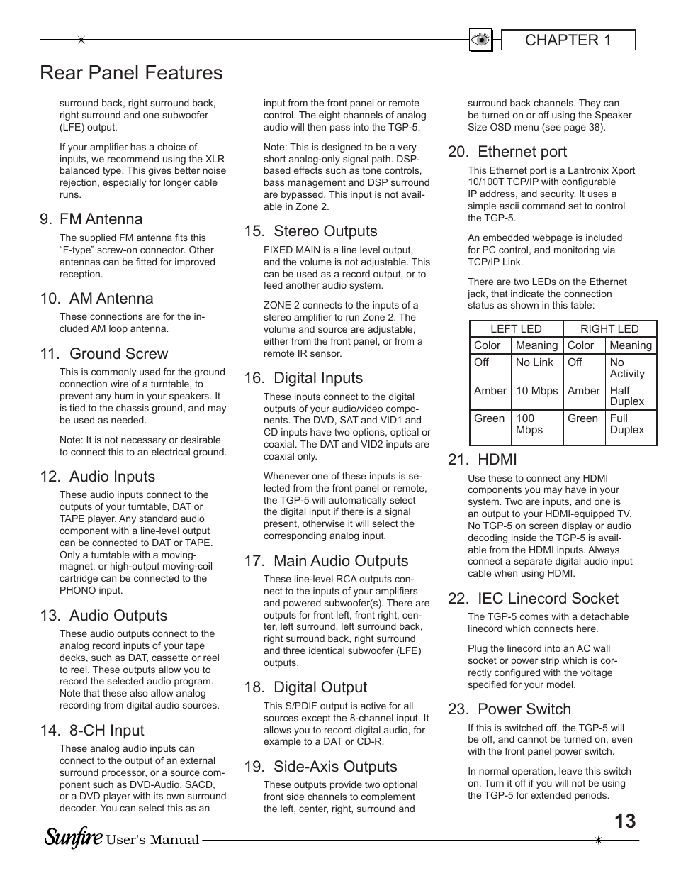 Rear panel fea tures, Chapter 1, Fm antenna | Am antenna, Ground screw, Audio inputs, Audio outputs, 8-ch input, Stereo outputs, Digital inputs | Sunfire TGP-5 User Manual | Page 13 / 60