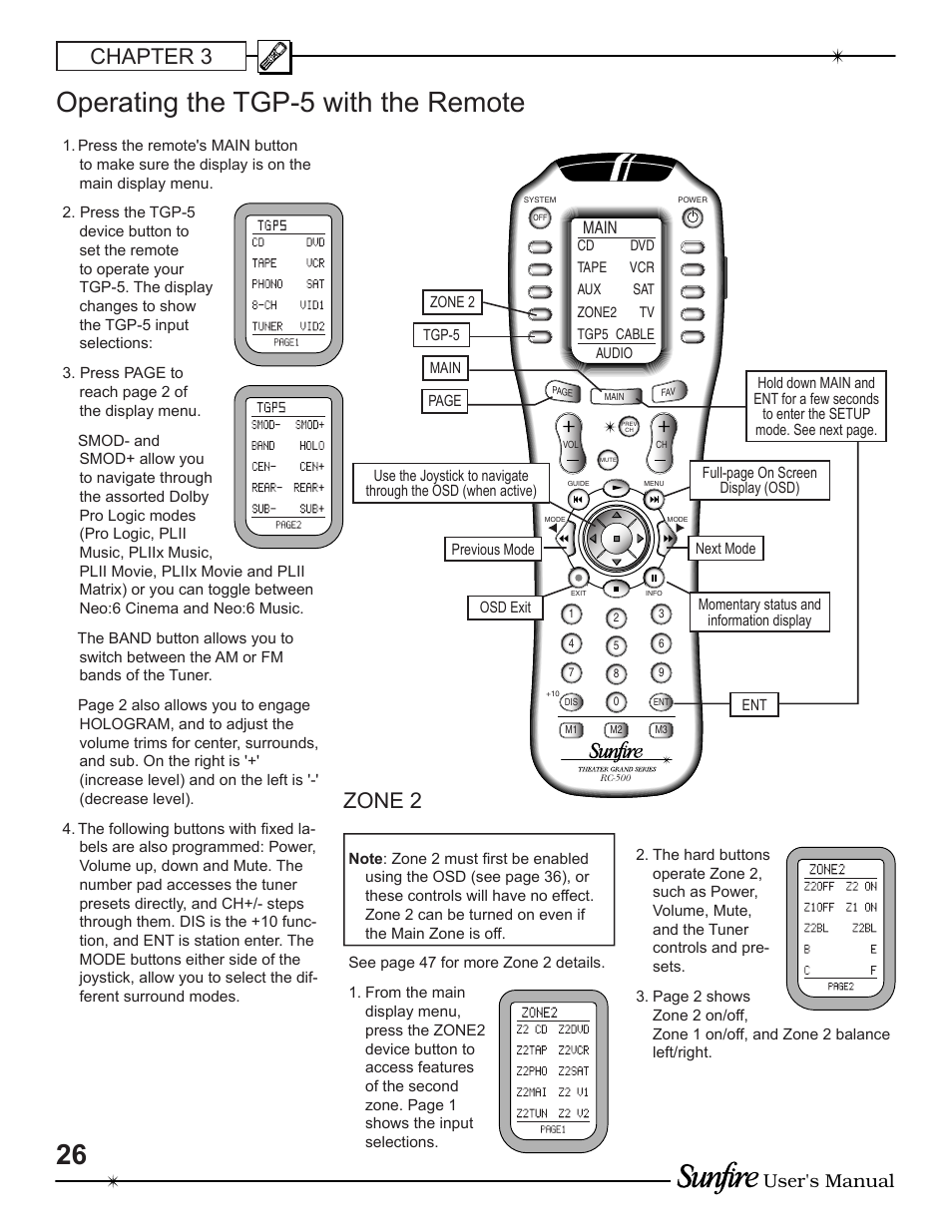 Operating the tgp-5 with the remote, Chapter 3, Zone 2 | User's manual, Main | Sunfire TGP-5 User Manual | Page 26 / 60