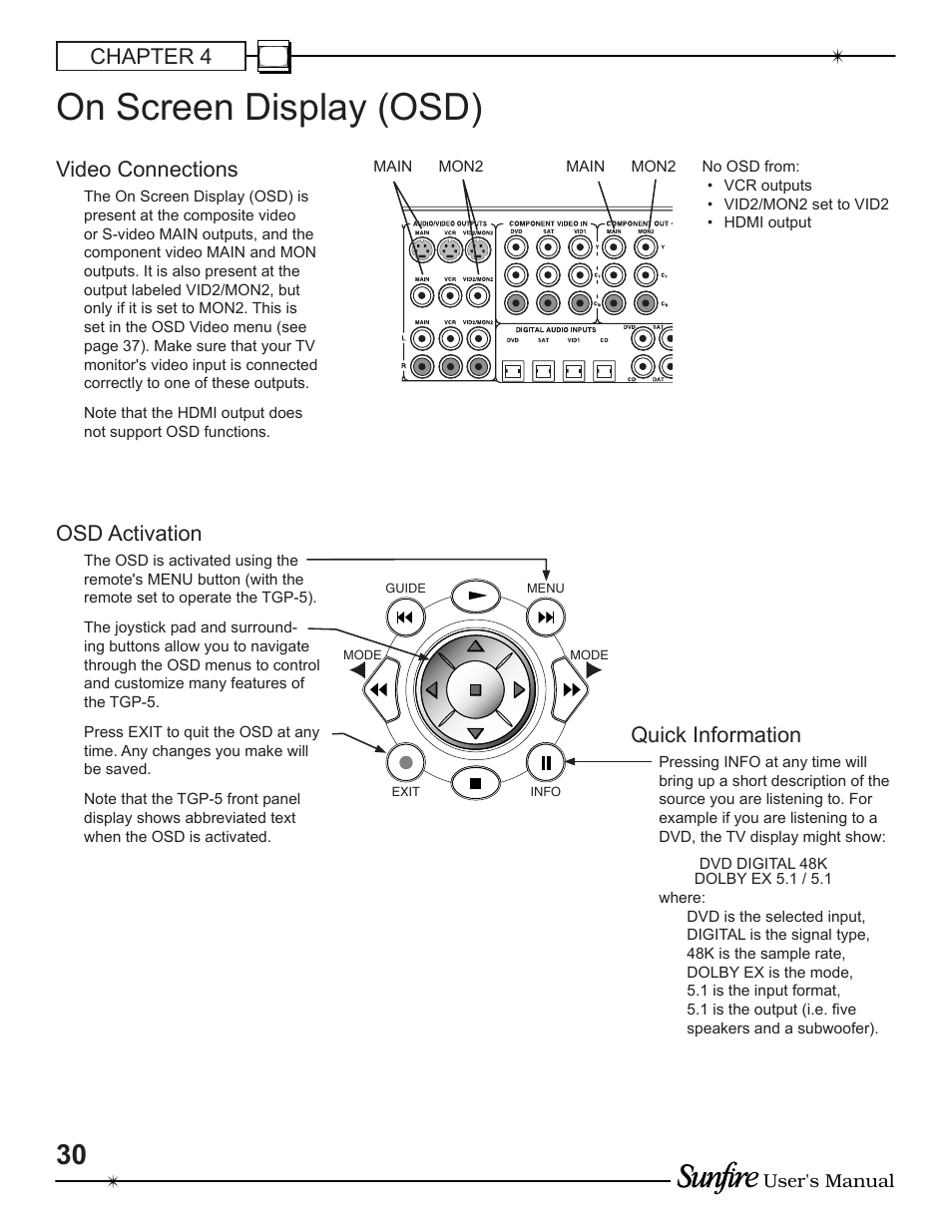On screen display (osd), Chapter 4, Video connections | Osd activation, Quick information | Sunfire TGP-5 User Manual | Page 30 / 60