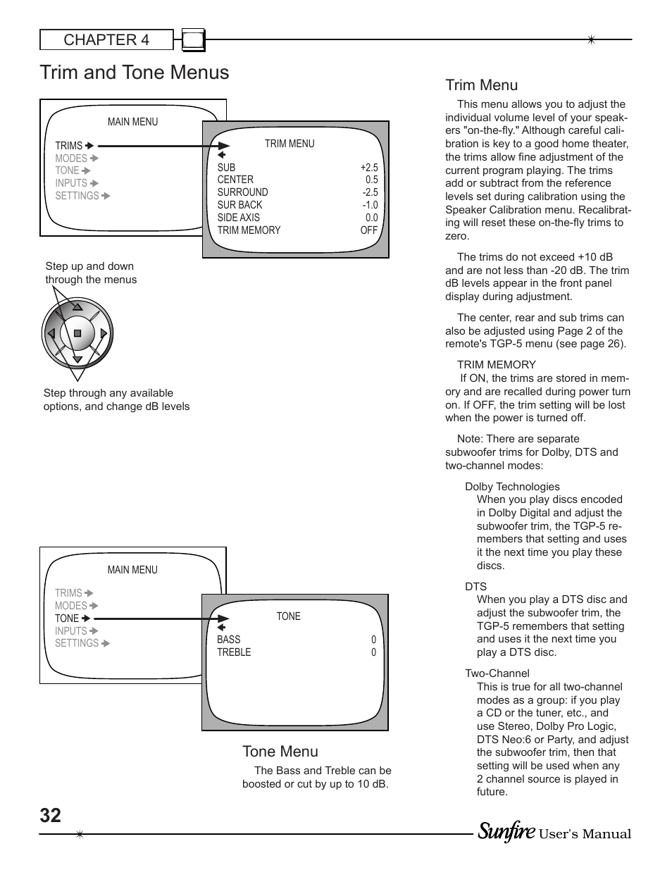 Trim and tone menus, Chapter 4, Trim menu | Tone menu | Sunfire TGP-5 User Manual | Page 32 / 60