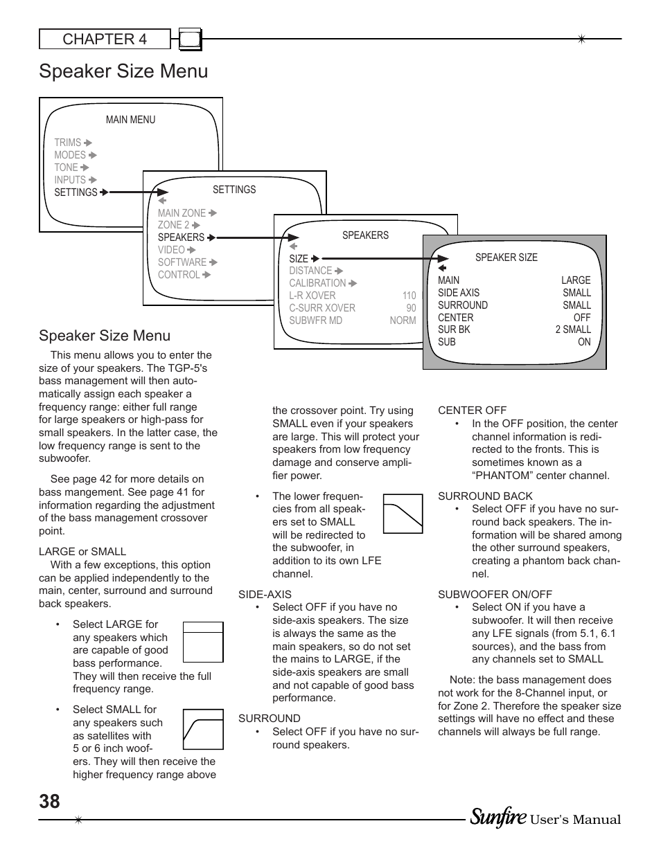 Speaker size menu, Chapter 4 | Sunfire TGP-5 User Manual | Page 38 / 60