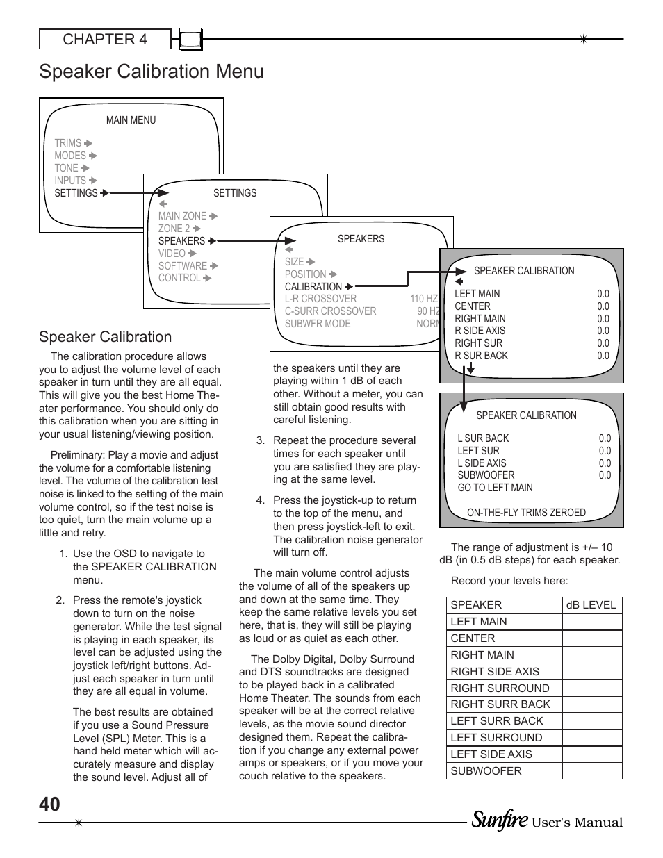 Speaker calibration menu, Chapter 4, Speaker calibration | Sunfire TGP-5 User Manual | Page 40 / 60