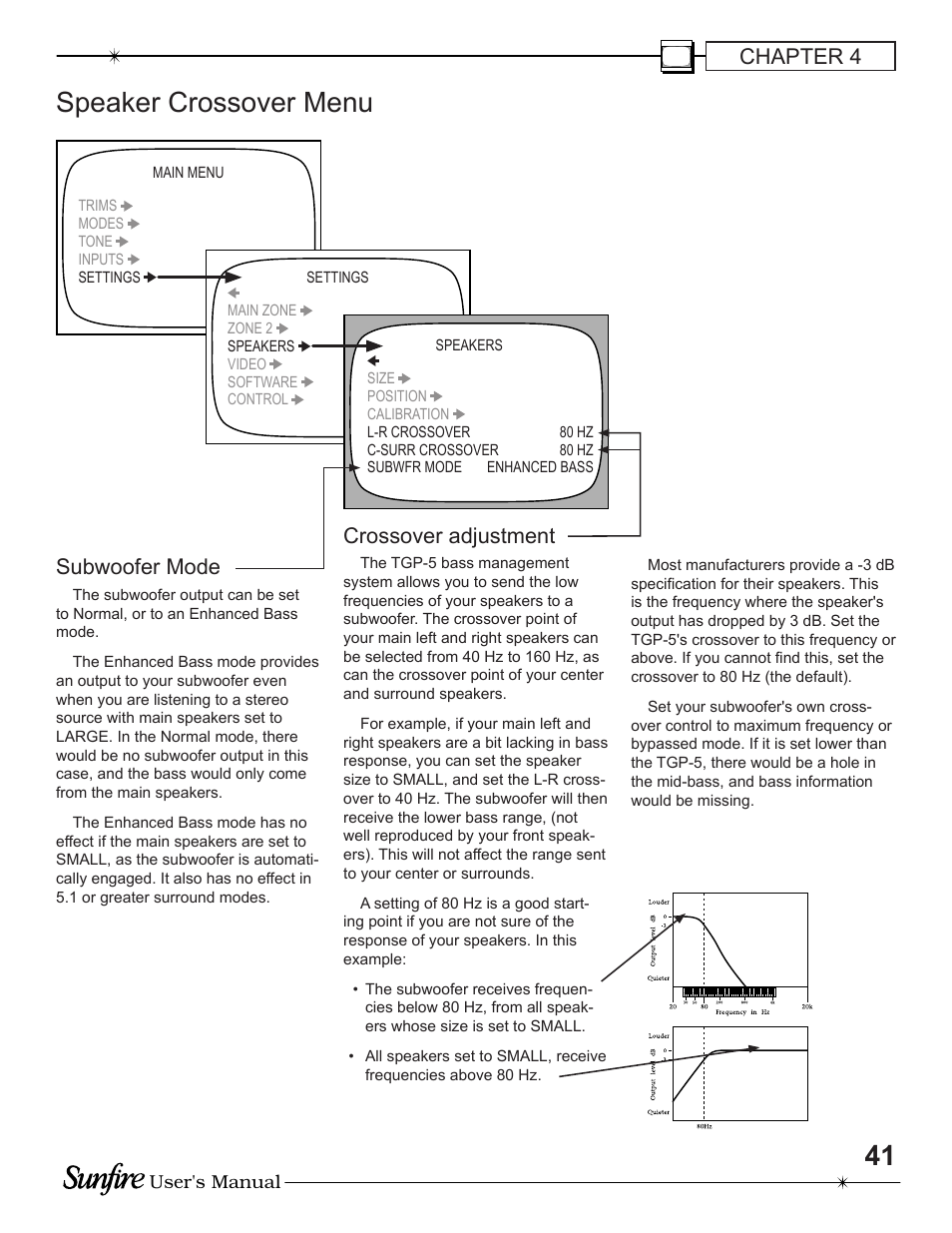 Speaker crossover menu, Chapter 4, Crossover adjustment | Subwoofer mode | Sunfire TGP-5 User Manual | Page 41 / 60