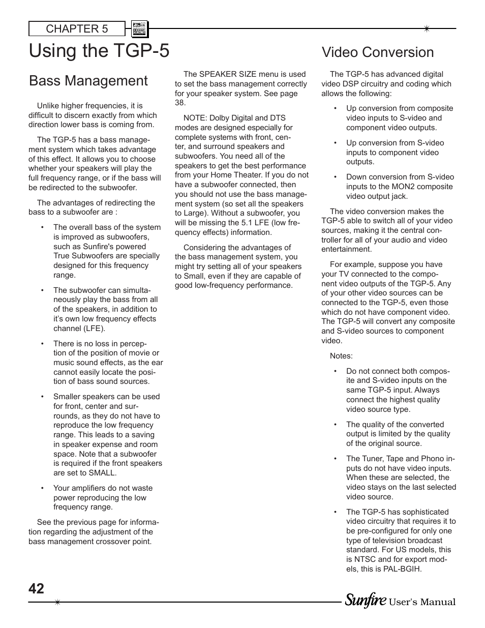 Using the tgp-5, Bass management, Video conversion | Chapter 5 | Sunfire TGP-5 User Manual | Page 42 / 60