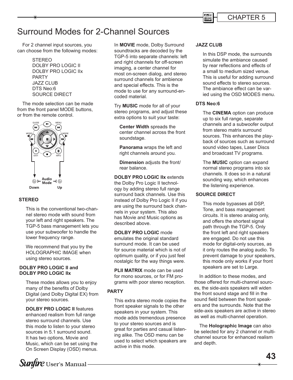 Surround modes for 2-channel sources, Chapter 5 | Sunfire TGP-5 User Manual | Page 43 / 60