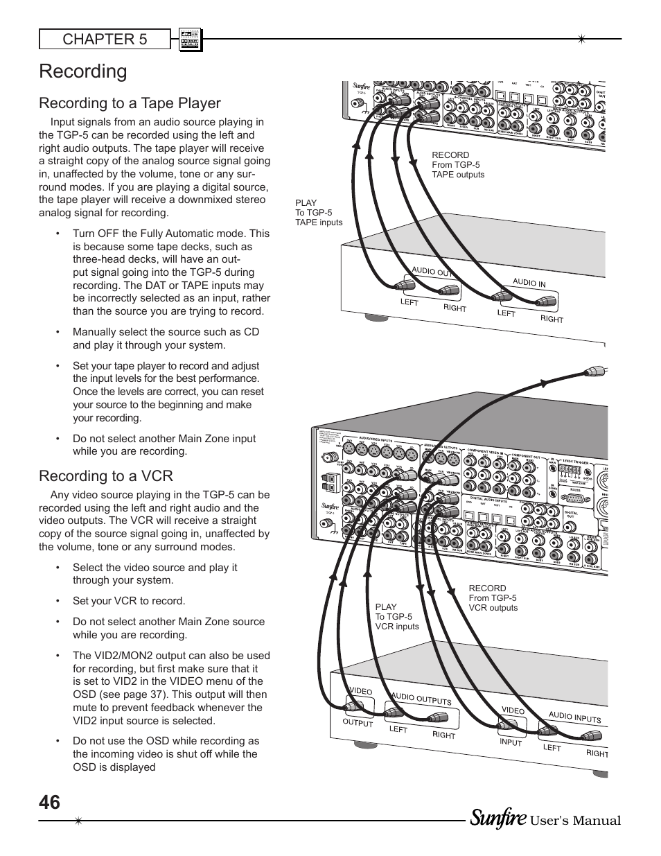 Recording, Chapter 5, Recording to a tape player | Recording to a vcr, User's manual | Sunfire TGP-5 User Manual | Page 46 / 60