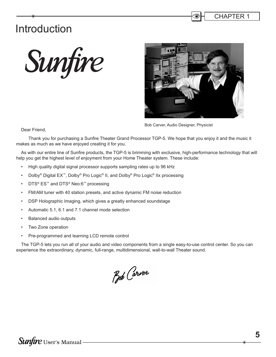 Introduction, Chapter 1 | Sunfire TGP-5 User Manual | Page 5 / 60