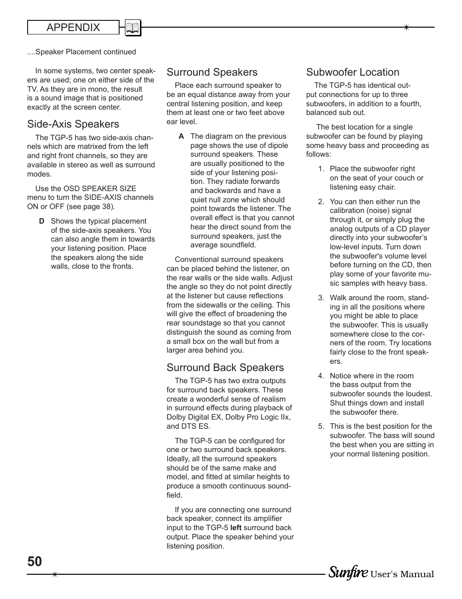 Appendix, Side-axis speakers, Surround speak ers | Surround back speakers, Subwoofer location | Sunfire TGP-5 User Manual | Page 50 / 60