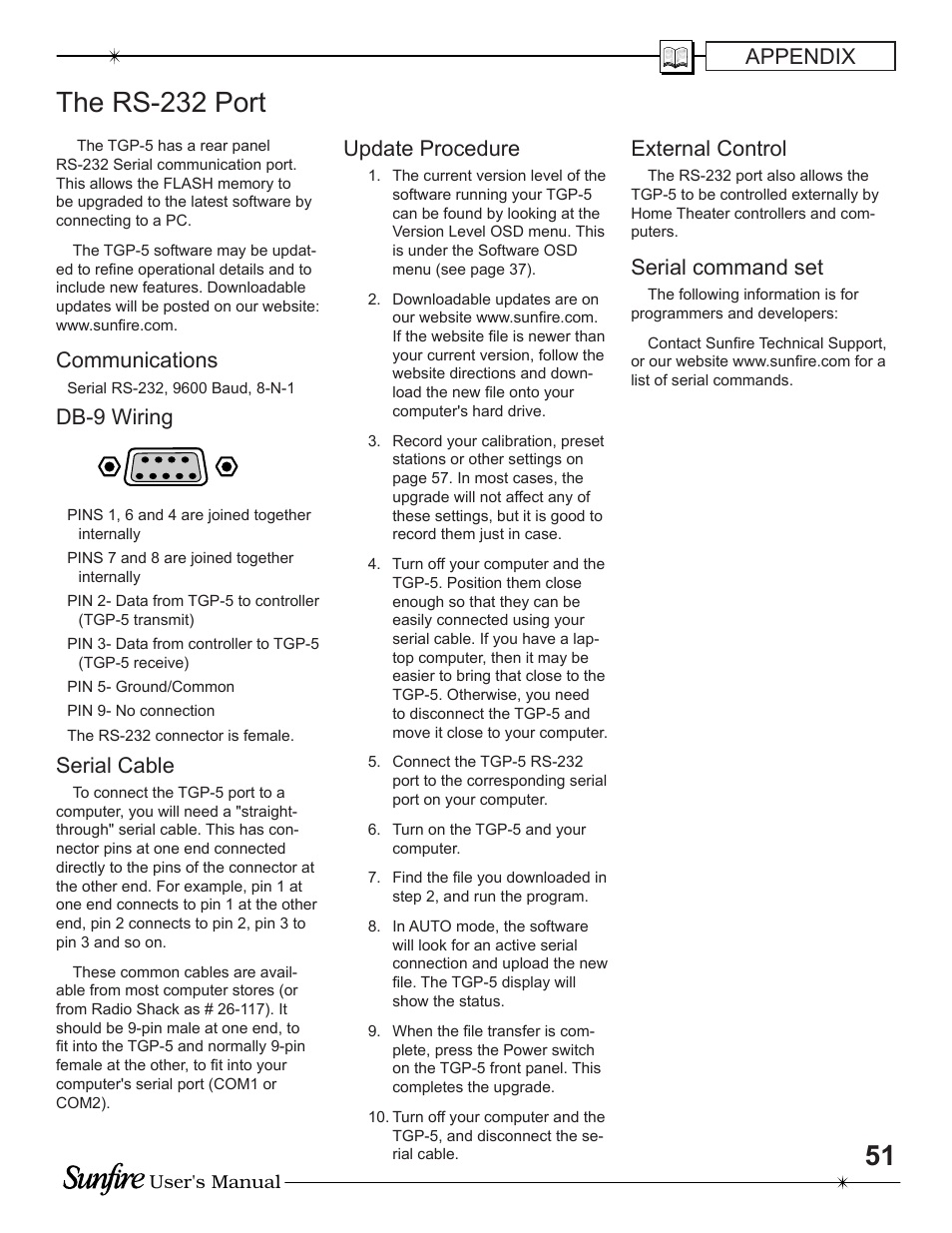 The rs-232 port, Appendix, Communications | Db-9 wiring, Serial cable, Update procedure, External control, Serial command set | Sunfire TGP-5 User Manual | Page 51 / 60