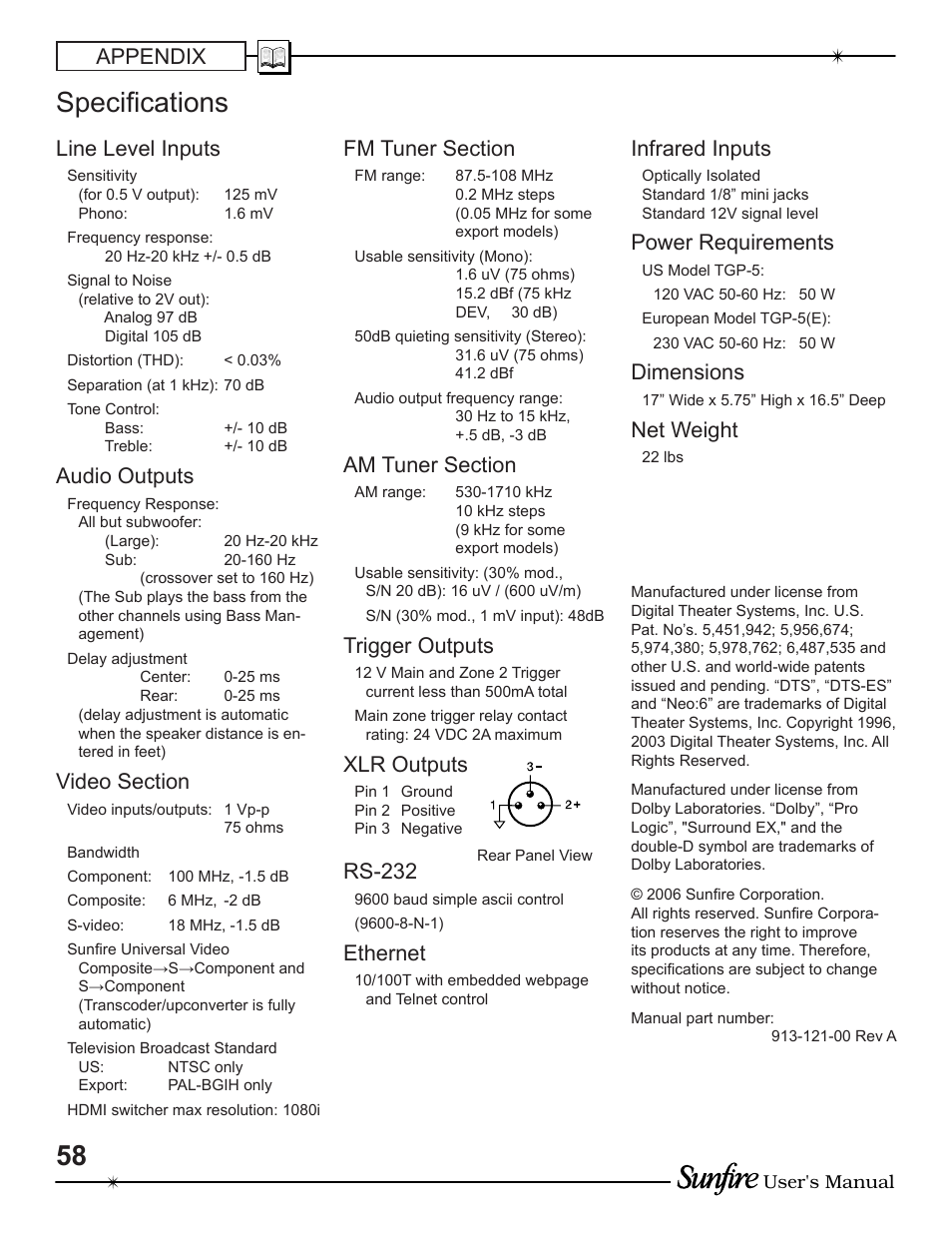 Specifi cations, Appendix, Line level inputs | Audio outputs, Trigger outputs, Xlr outputs, Rs-232, Ethernet, Infrared inputs, Power requirements | Sunfire TGP-5 User Manual | Page 58 / 60
