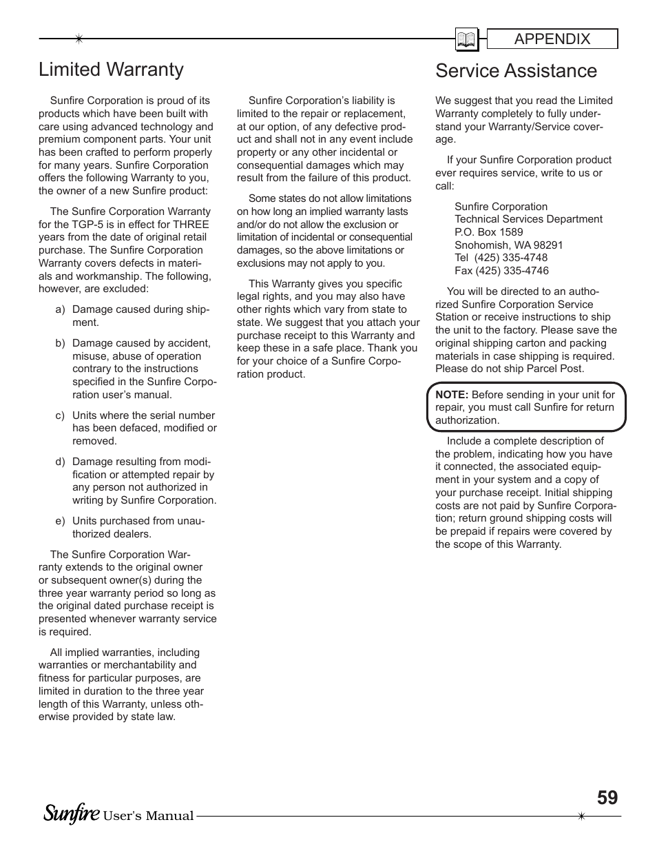 Limited warranty, Service assistance, Appendix | Sunfire TGP-5 User Manual | Page 59 / 60