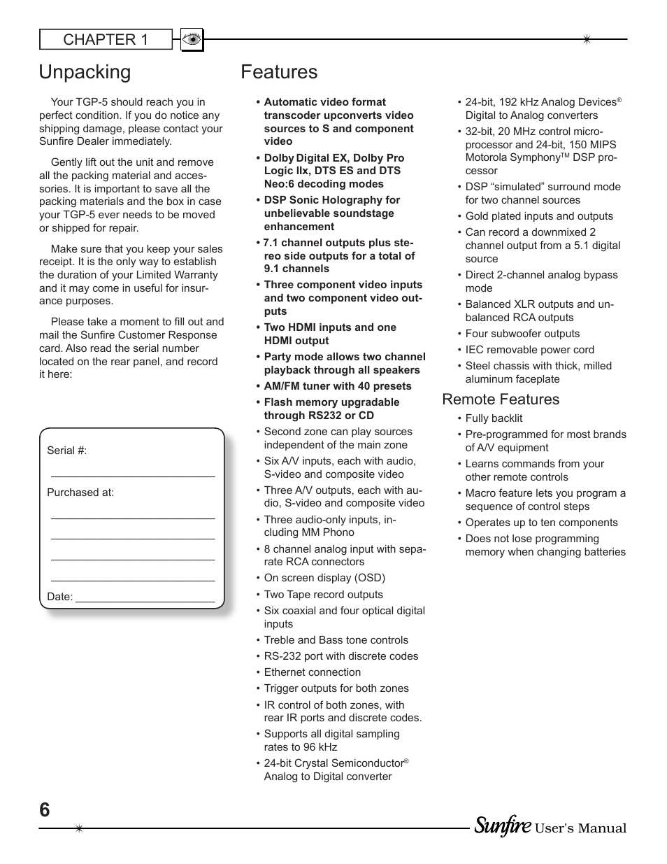 Unpacking features, Chapter 1, Remote features | Sunfire TGP-5 User Manual | Page 6 / 60