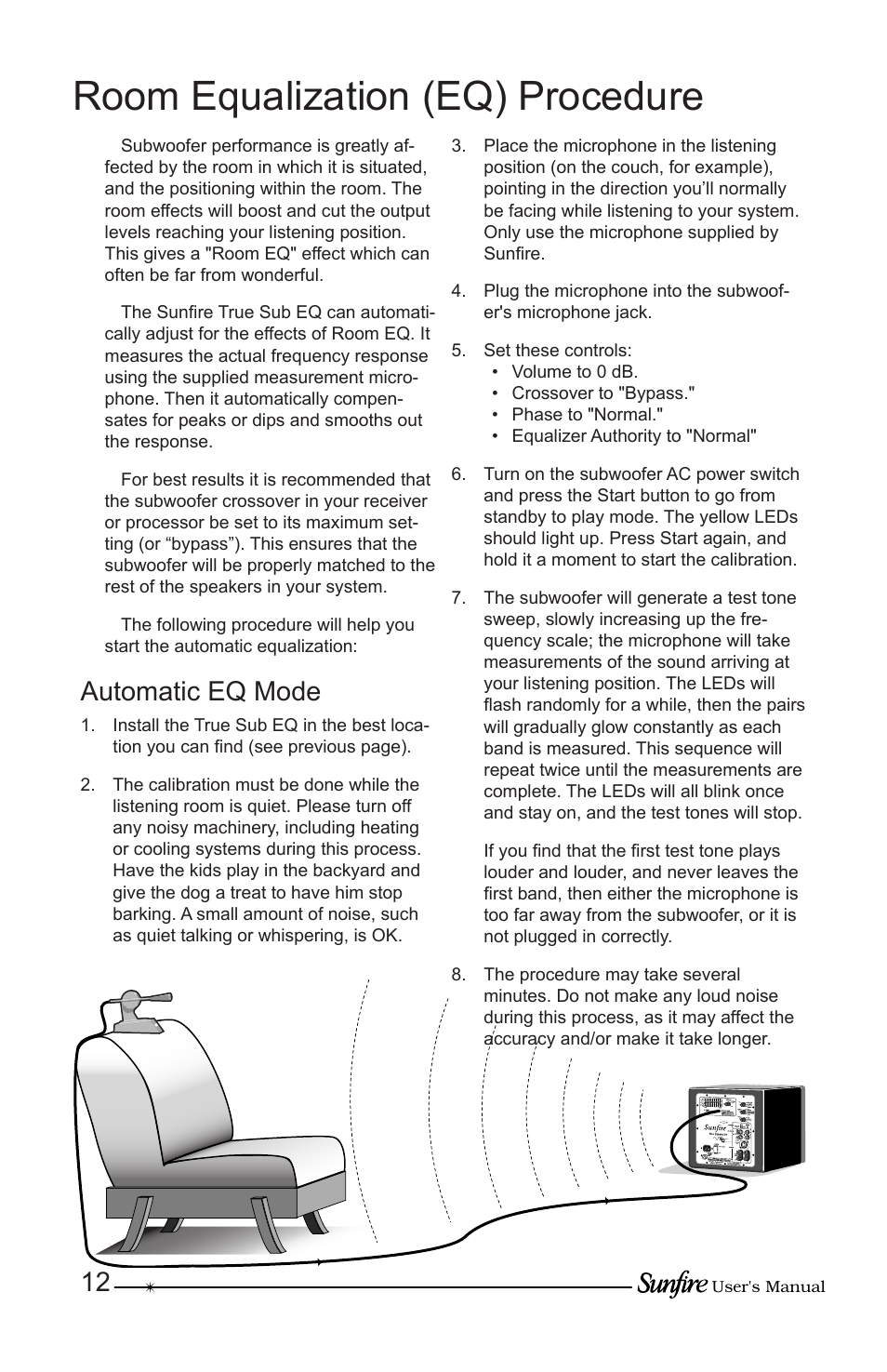 Room equalization (eq) procedure, Automatic eq mode | Sunfire True Subwoofer Solitaire 10 User Manual | Page 12 / 24