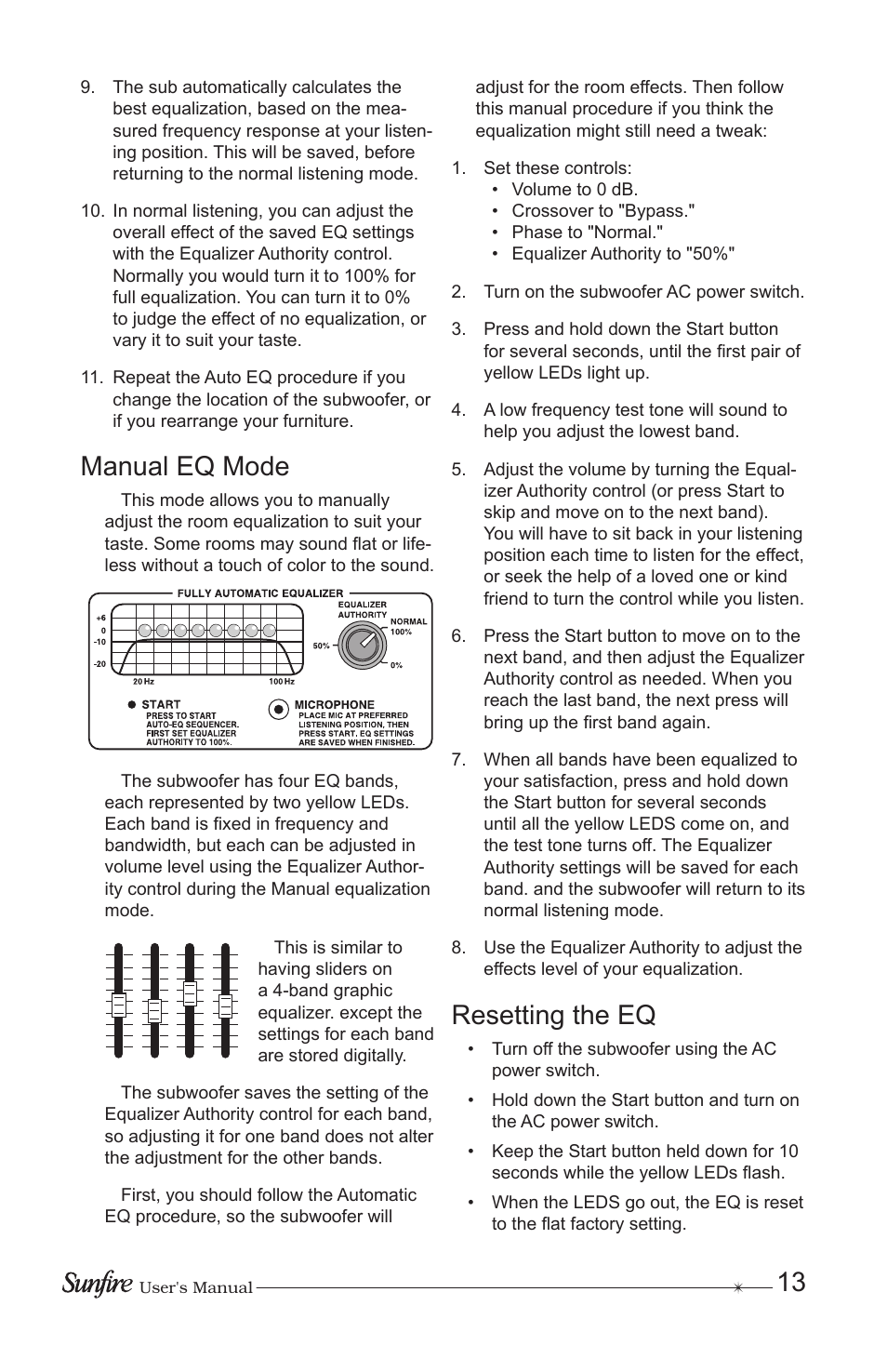Manual eq mode, Resetting the eq | Sunfire True Subwoofer Solitaire 10 User Manual | Page 13 / 24