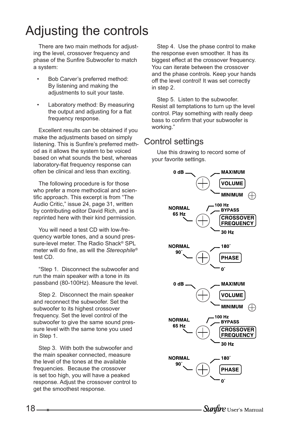Adjusting the controls, Control settings | Sunfire True Subwoofer Solitaire 10 User Manual | Page 18 / 24