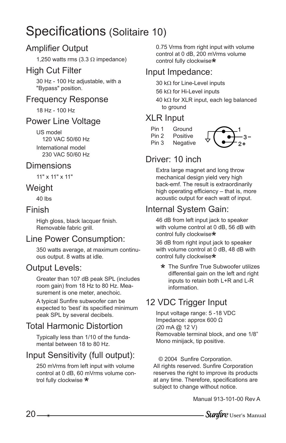 Specifi cations, Solitaire 10), Amplifi er output | High cut filter, Frequency response, Power line voltage, Dimensions, Weight, Finish, Line power consumption | Sunfire True Subwoofer Solitaire 10 User Manual | Page 20 / 24