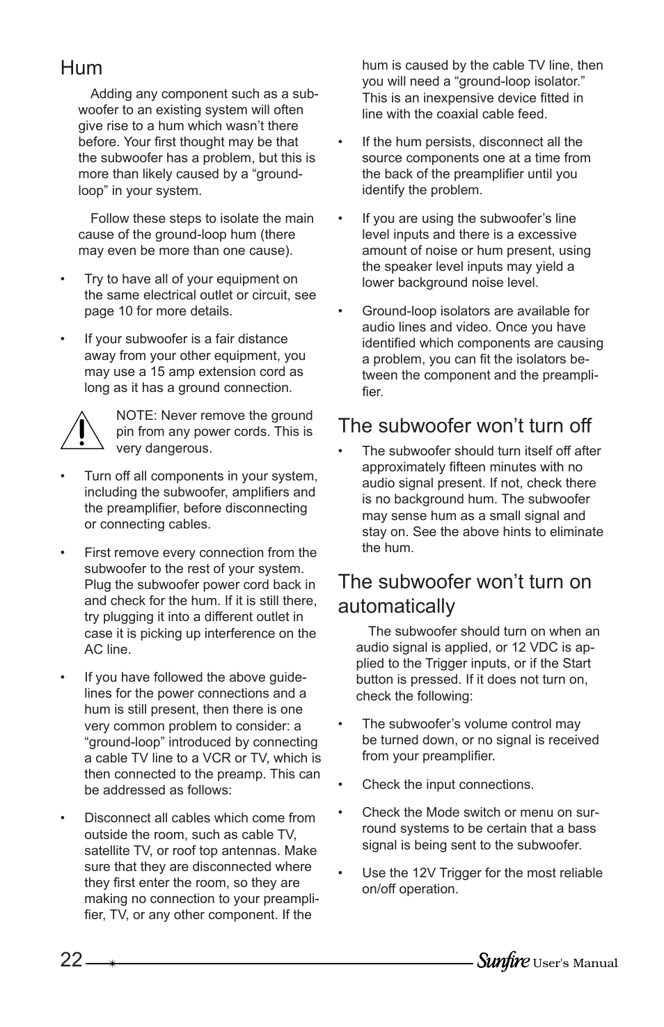The subwoofer won’t turn off, The subwoofer won’t turn on automatically | Sunfire True Subwoofer Solitaire 10 User Manual | Page 22 / 24