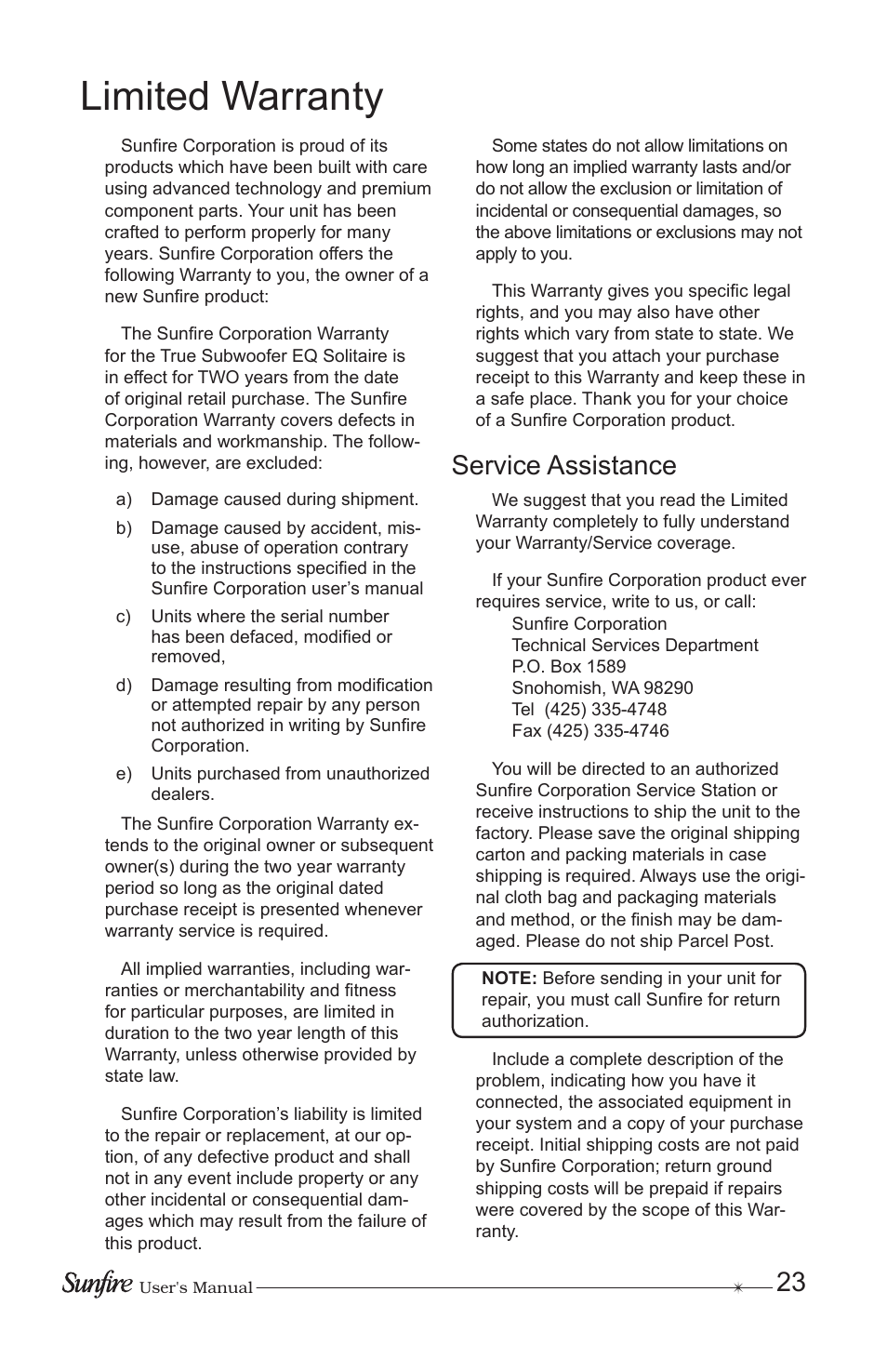 Limited warranty, Service assistance | Sunfire True Subwoofer Solitaire 10 User Manual | Page 23 / 24