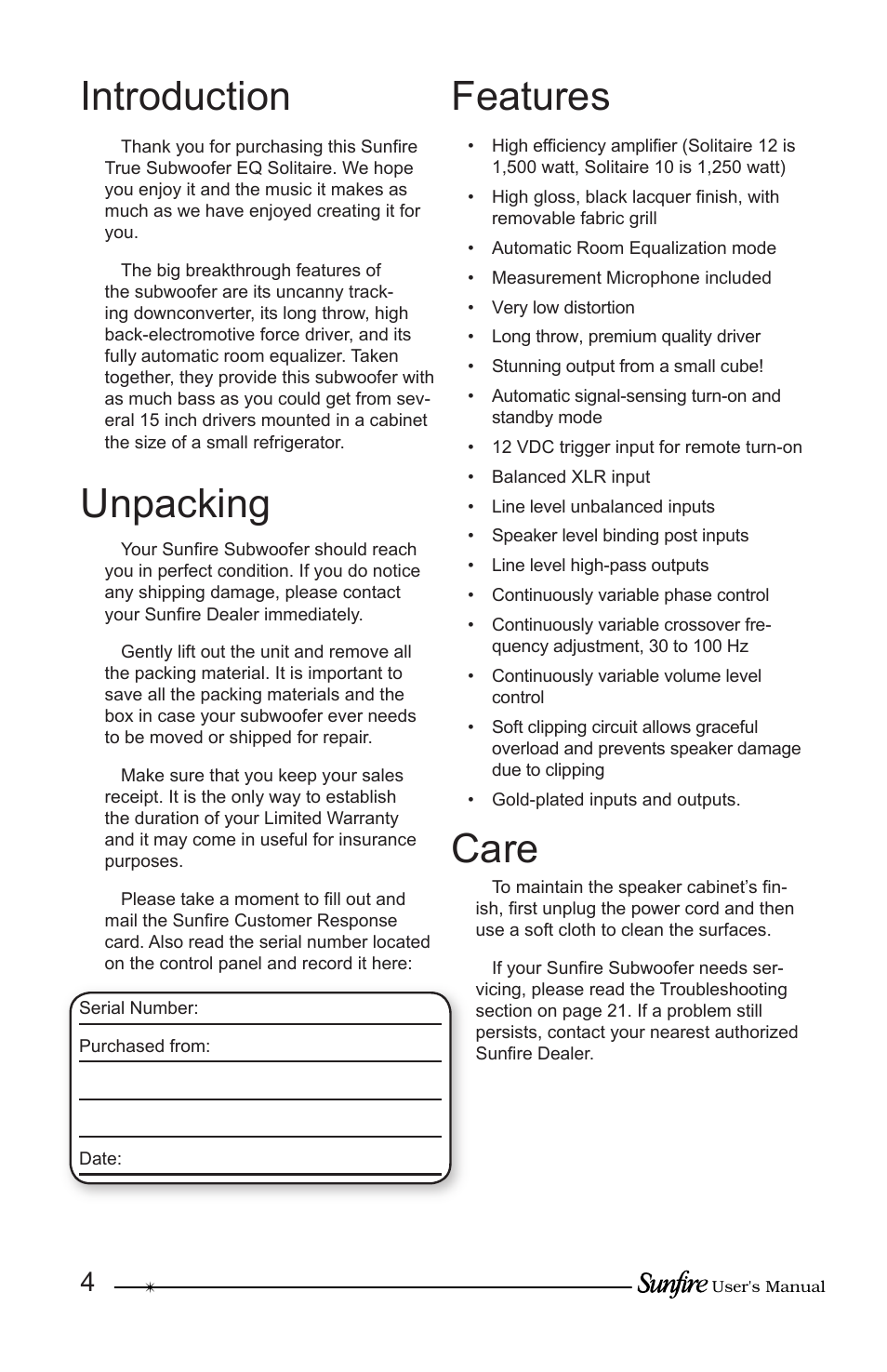 Unpacking features, Introduction care | Sunfire True Subwoofer Solitaire 10 User Manual | Page 4 / 24