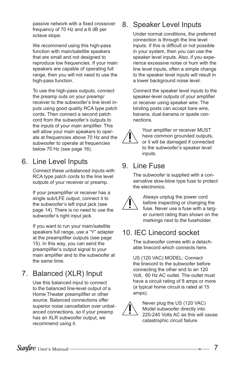 Line level inputs, Balanced (xlr) input, Speaker level inputs | Line fuse, Iec linecord socket | Sunfire True Subwoofer Solitaire 10 User Manual | Page 7 / 24
