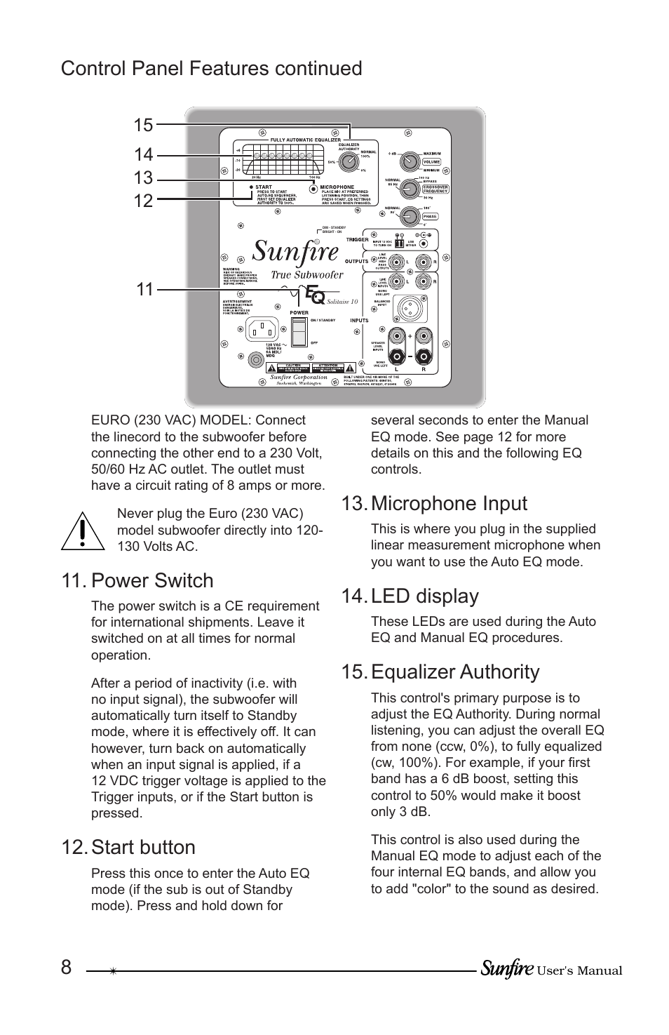 Control panel features continued, Power switch, Start button | Microphone input, Led display, Equalizer authority | Sunfire True Subwoofer Solitaire 10 User Manual | Page 8 / 24