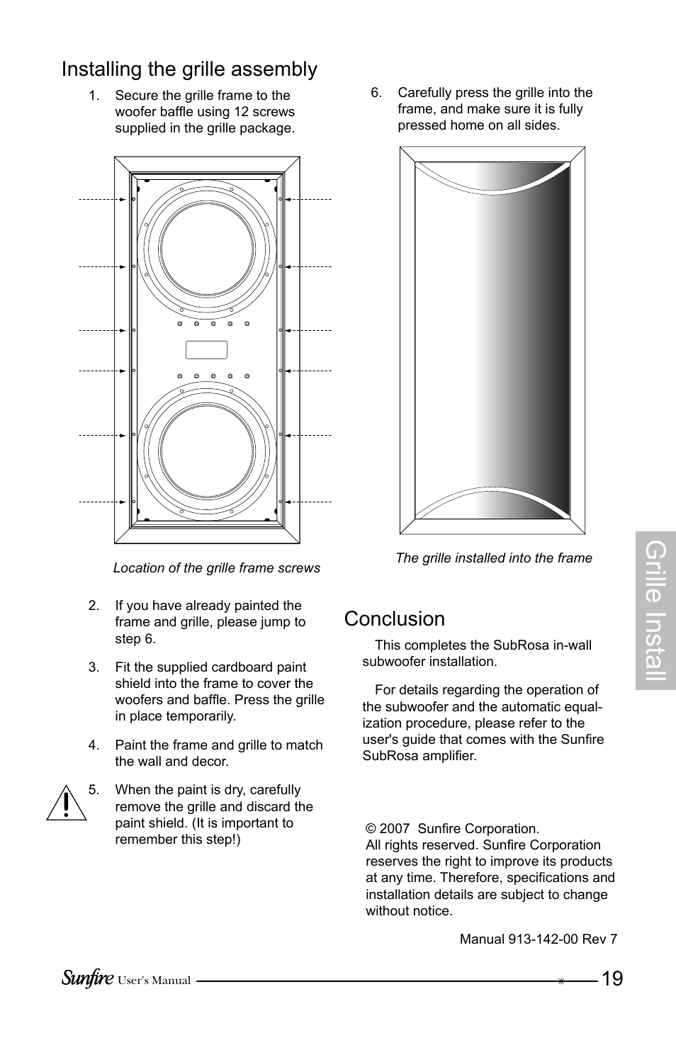 Grille install, Installing the grille assembly, Conclusion | Sunfire SRS210W-C User Manual | Page 19 / 20