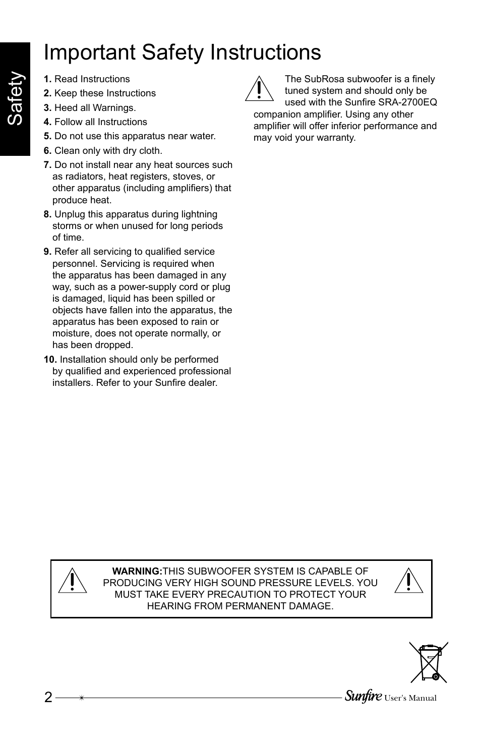 Important safety instructions, Safety | Sunfire SRS210W-C User Manual | Page 2 / 20