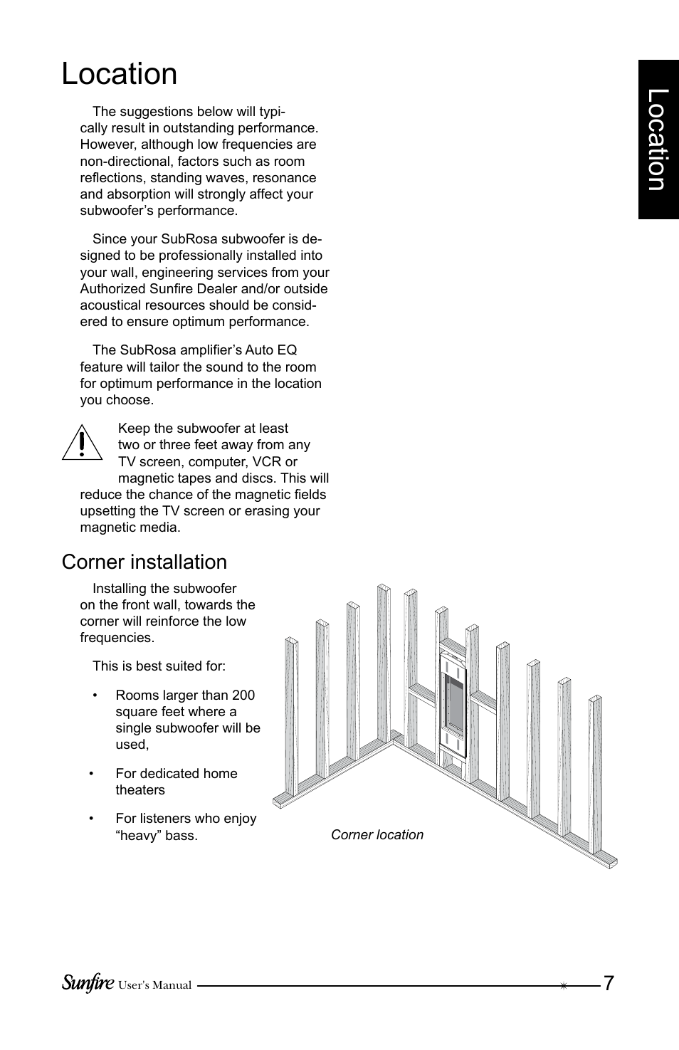 Location, Corner installation | Sunfire SRS210W-C User Manual | Page 7 / 20
